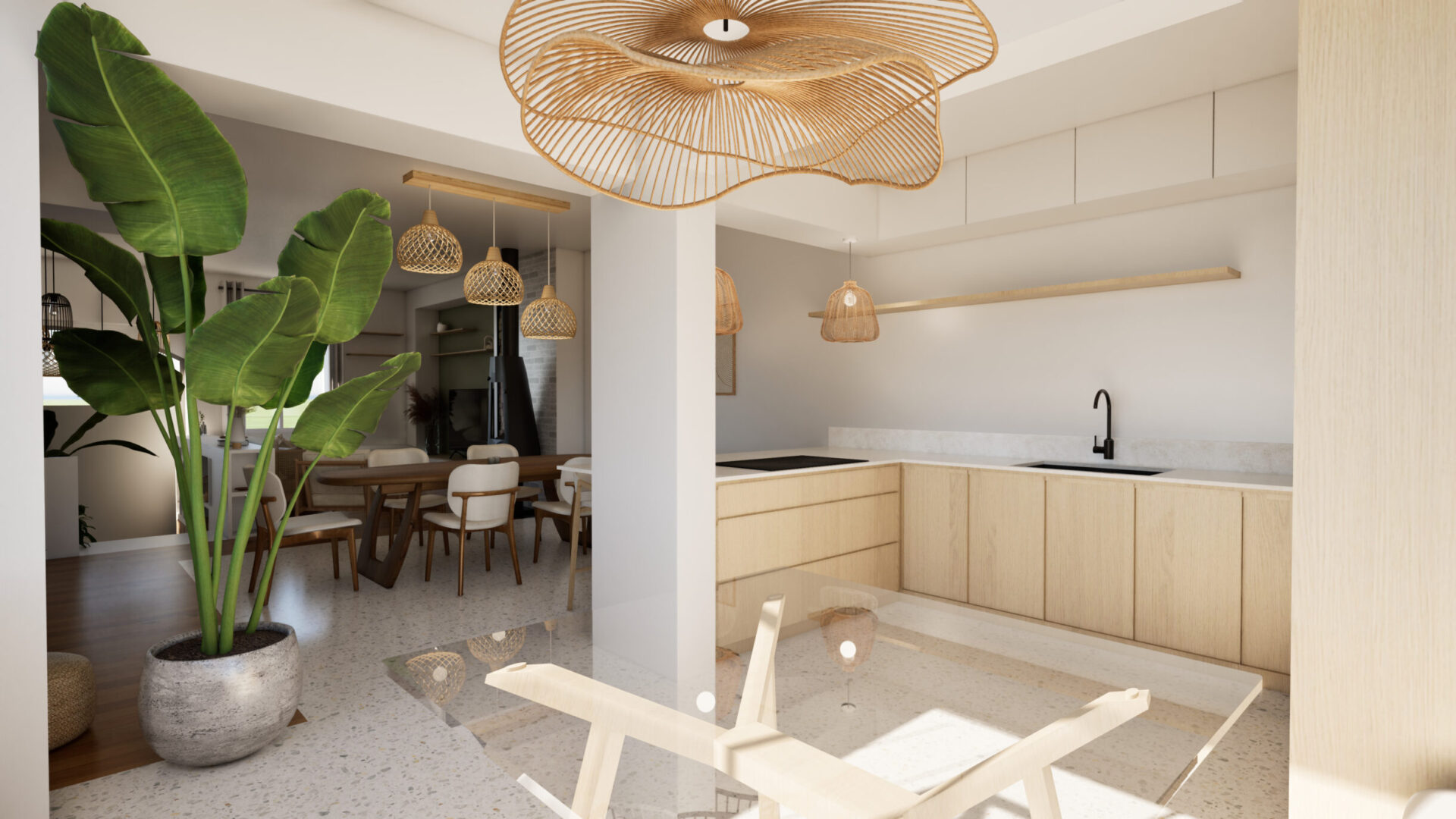 Aménagement d'une cuisine sur mesure avec les contraintes de l'existant. Réalisation d'un espace petit-déjeuner dans la cuisine