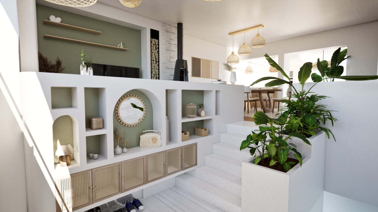 Création d'une entrée avec mobilier sur mesure intégré à l'escalier, alliant design et fonctionnalité.