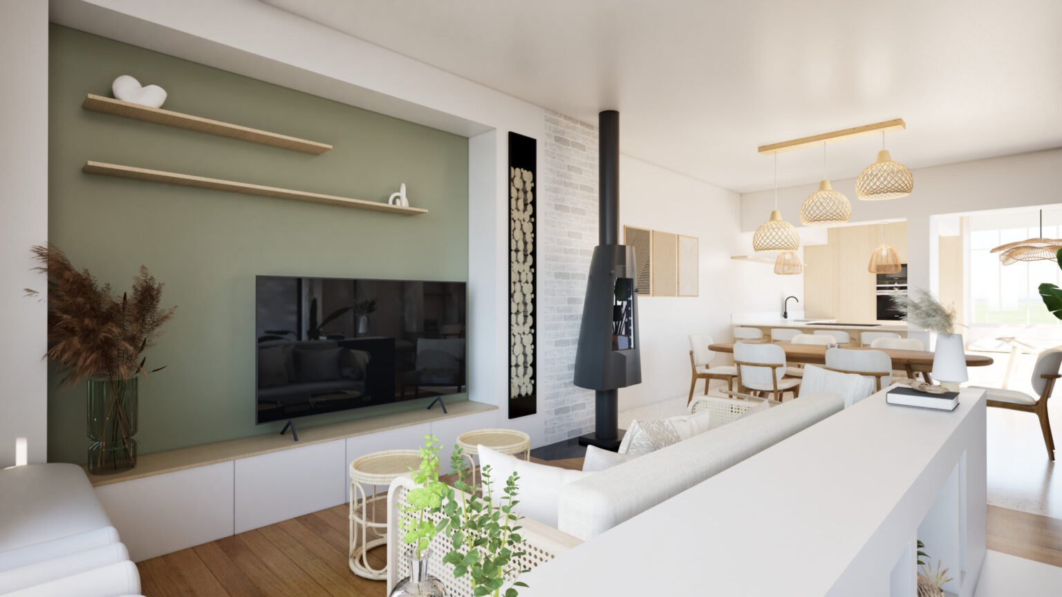 Aménagement intérieur d'une maison contemporaine avec meuble TV sur mesure, séjour lumineux et cuisine ouverte.