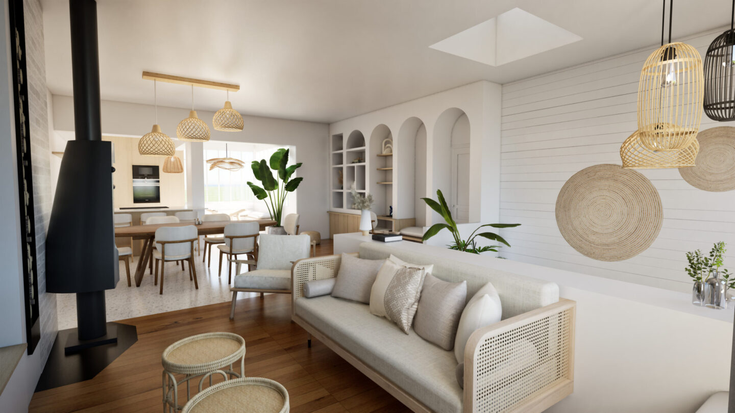 Aménagement d'une pièce de vie contemporaine avec cuisine ouverte dans une maison à La Roche-sur-Yon.