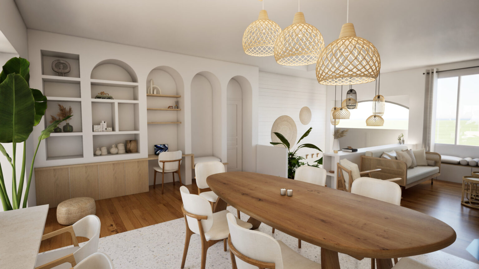 Aménagement d'une maison contemporaine avec création sur mesure d'un espace bureau, rangements intégrés et pièce de vie lumineuse.